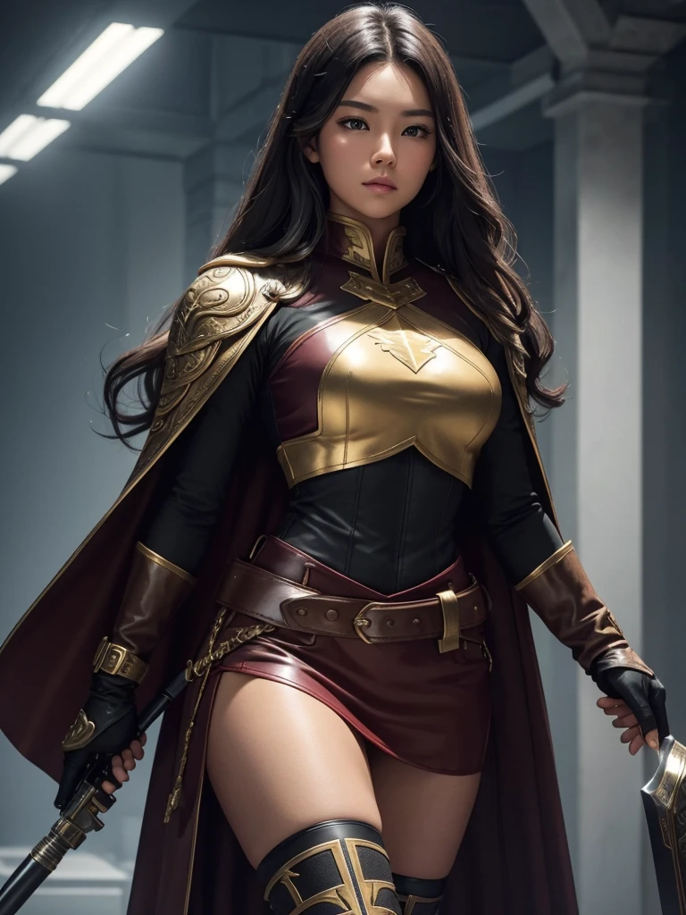  a highly realistic, highly detailed, sharp and clear portrait in professional camera shot quality, Thai-Canadian female. 20 years old, round and clean face with highly detailed facial and skin texture, wavy brownish-black hair. blue eyes. wearing the standard Guard uniform of a long-sleeved white coat with an ankle-length red cape attached to the left side of her body and a long black skirt with a gold pattern on the bottom hem with a detachable burgundy leather pocket on her left leg. black fingerless gloves with black sleeve covers on her left arm and brown boots with metal soles. The green metallic pauldron on her left shoulder has yellow stripes that glow in the dark. She is standing tall on a tall building aiming a toy iron pistol at her viewers, in a black case hanging from her belt and wearing a silver front breastplate engraved with the words "CJ" (clearly legible in flawless letters) and lightning bolts.