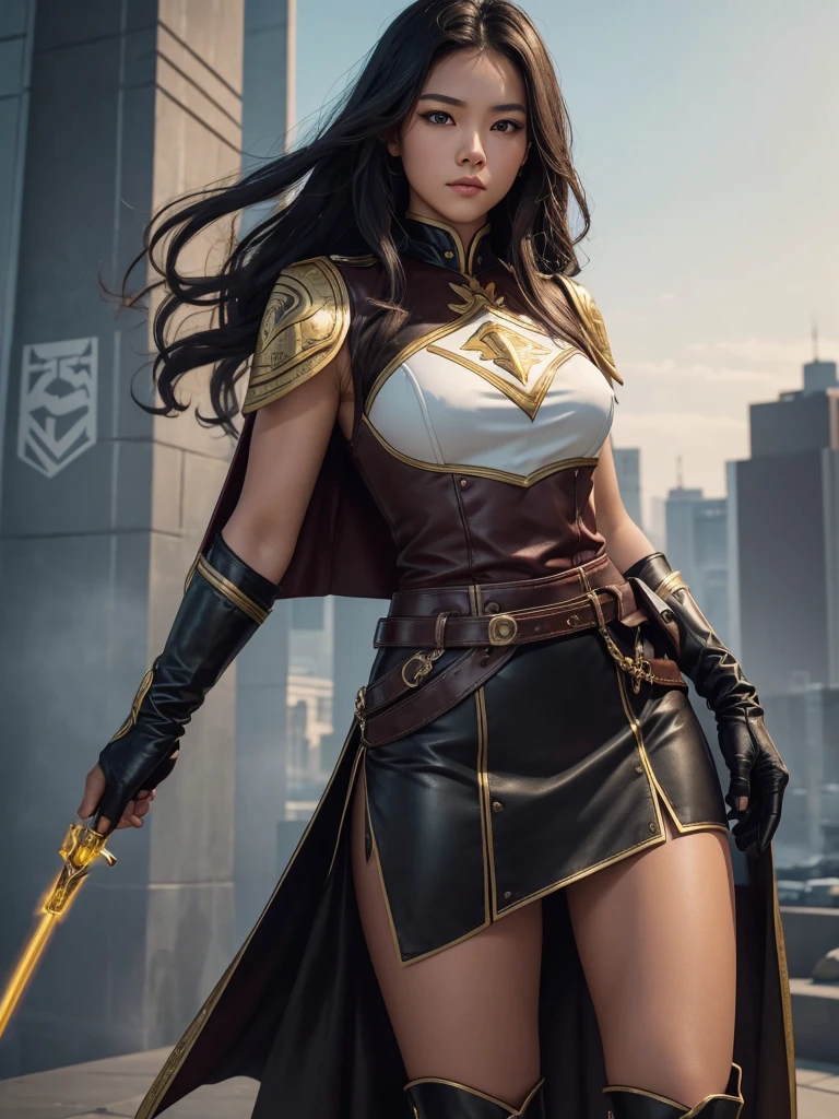 a highly realistic, highly detailed, sharp and clear portrait in professional camera shot quality, Thai-Canadian female. 20 years old, round and clean face with highly detailed facial and skin texture, wavy brownish-black hair. blue eyes. wearing the standard Guard uniform of a long-sleeved white coat with an ankle-length red cape attached to the left side of her body and a long black skirt with a gold pattern on the bottom hem with a detachable burgundy leather pocket on her left leg. black fingerless gloves with black sleeve covers on her left arm and brown boots with metal soles. The green metallic pauldron on her left shoulder has yellow stripes that glow in the dark. She is standing tall on a tall building aiming a toy iron pistol at her viewers, in a black case hanging from her belt and wearing a silver front breastplate engraved with the words "CJ" (clearly legible in flawless letters) and lightning bolts.