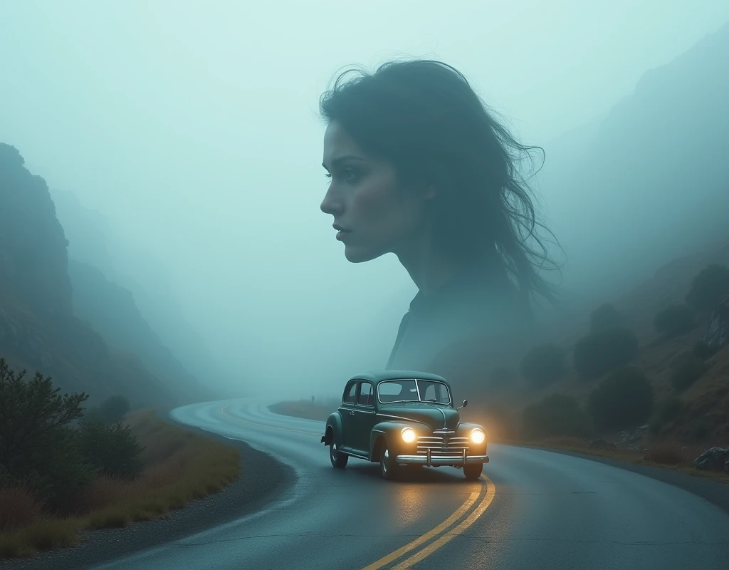 In the mountains in thick fog, a road, a median line, an old car, the weak light of headlights, double exposure of a sad woman profile, 