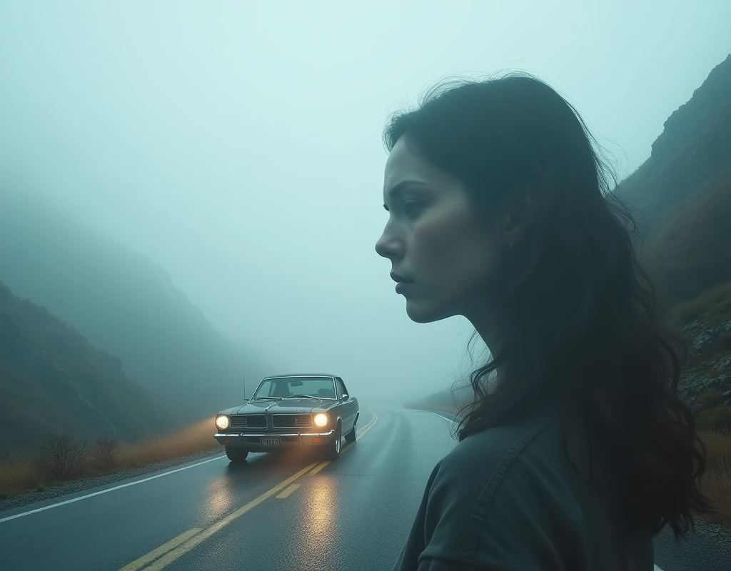 In the mountains in thick fog, a road, a median line, an old car, the weak light of headlights, double exposure of a sad woman profile,