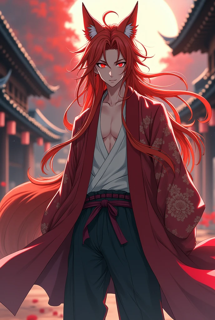 Create a 20-year-old man who is 1,76, who has long red hair and red eyes, who wears normal clothes and a haori, What is a nine-tailed kitsune?, full body, anime, with warrior appearance