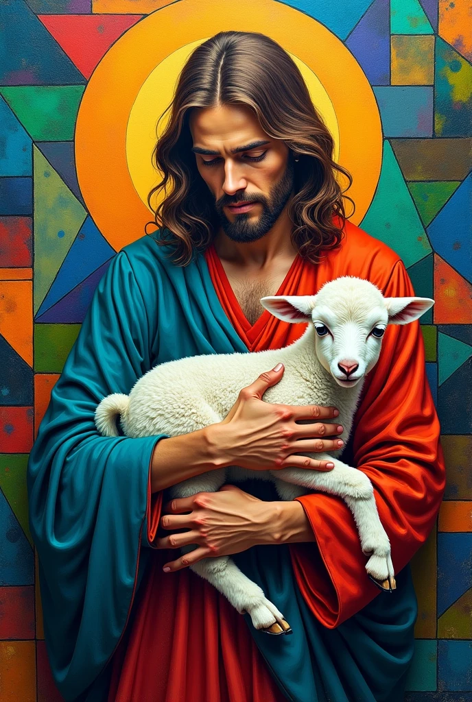 A colorful painting with geometric shapes.
Jesus gently protects a wounded lamb. 