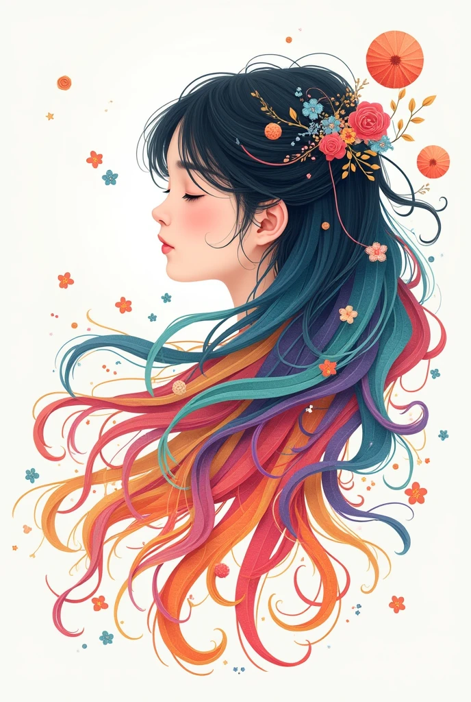 (White background:1.4),(Silhouette of a girl's head, Eyes closed, Colorful long hair, Oriental elements)，(Chinese Illustration:1.3，paper art:1.3, Quilted Paper Art:1.2),( Reasonable design, Clear lines, High Sharpness,Best Quality, Very detailed, masutepiece, Movie Light Effects, 4K )