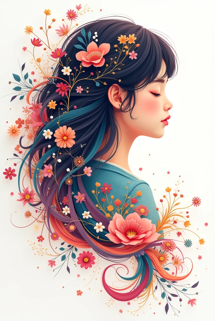 (White background:1.4),(Silhouette of a girl's head, Eyes closed, Colorful long hair, Oriental elements)，(Chinese Illustration:1.3，paper art:1.3, Quilted Paper Art:1.2),( Reasonable design, Clear lines, High Sharpness,Best Quality, Very detailed, masutepiece, Movie Light Effects, 4K )