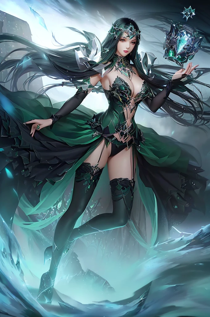 Wearing a green dress and black,Woman holding a crystal, Beautiful witch, Beautiful witch girl, Gothic girl anime girl, Extremely detailed Artgerm, Beautiful witch, dark fantasy female magician, a Beautiful witch, Full body fairy, author:Yang J, Epic and beautiful character art, Dark Witch Panorama