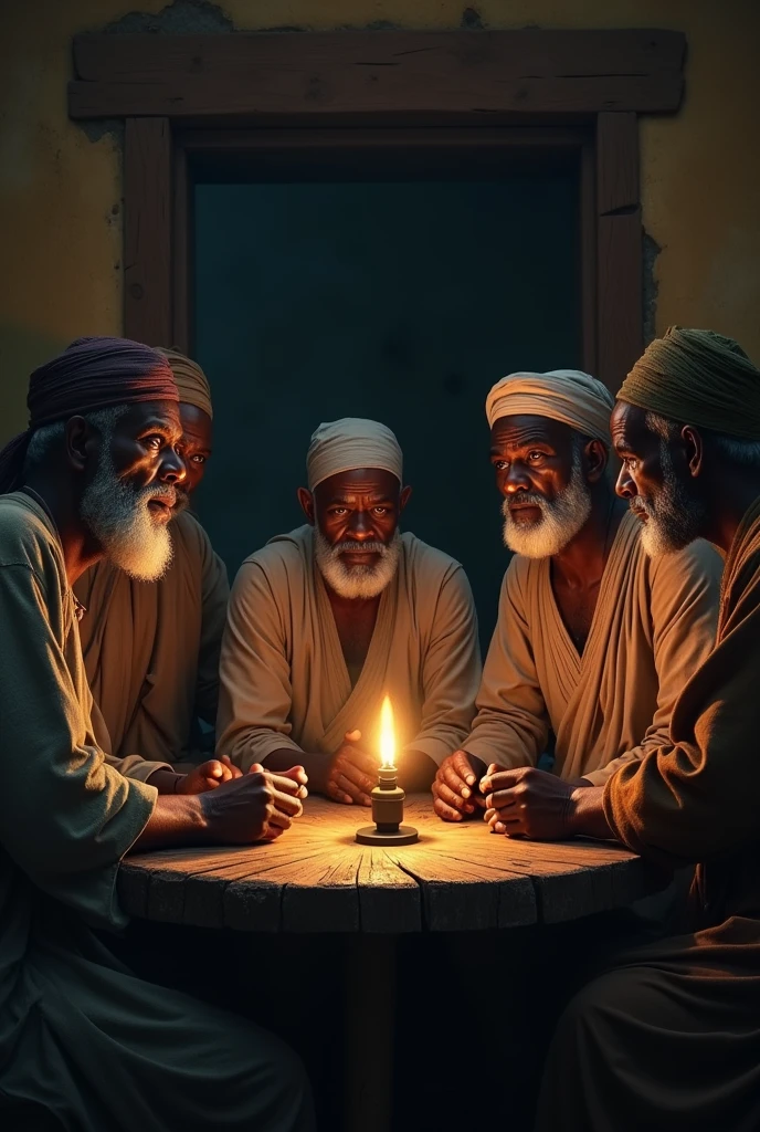 A group of stern-faced Nigeria igbo council of elders, dressed in Nigerian traditional, weathered clothing, gather around a large, rough-hewn wooden table. The room is dimly lit by a single oil lamp, casting deep shadows on their concerned faces. They lean in, whispering urgently to one another, their eyes occasionally glancing towards the door as if expecting something ominous. The mood is tense and foreboding, with the weight of unspoken fears hanging in the air.