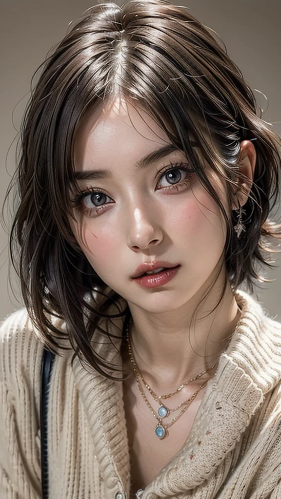 ((Beautiful Face:1.4)), (Purelos Face_v1: 1.0), (Highest quality, 8k, 32K, masterpiece, Ultra-high resolution:1.2),Beautiful Japanese Women Photos, Large Breasts, Very short bob hair,Upper Body,(Extra Large_sweater,:1.1) necklace, Simple Background, Look around,