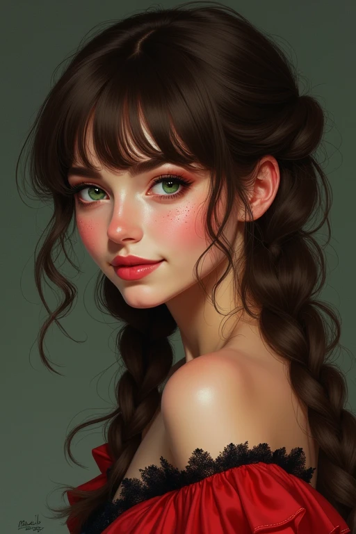 women
age 30
hot
long brown hair
short bang
plait in her hair
green eyes
long red black dress
smile
2 speckle under her eye
human