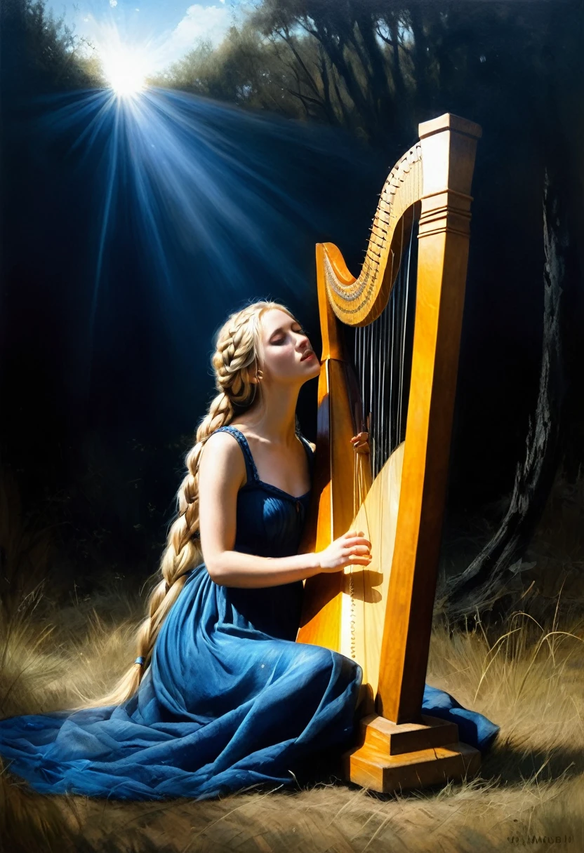 painting of a blonde girl with long hair braided into a long braid, sitting on the grass, playing a large harp, dark gloomy black dry forest around, warm sun rays falling on the girl's face, very white skin, simple thin blue dress, dark atmosphere, cinematic scene, volumetric lights, ultra realistic, in the style of nicola samori