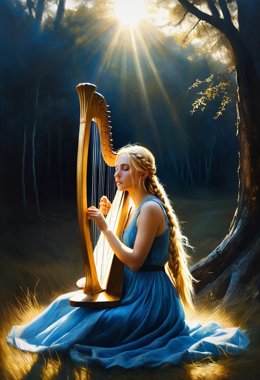 painting of a blonde girl with long hair braided into a long braid, sitting on the grass, playing a large harp, dark gloomy black dry forest around, warm sun rays falling on the girl's face, very white skin, simple thin blue dress, dark atmosphere, cinematic scene, volumetric lights, ultra realistic, in the style of nicola samori