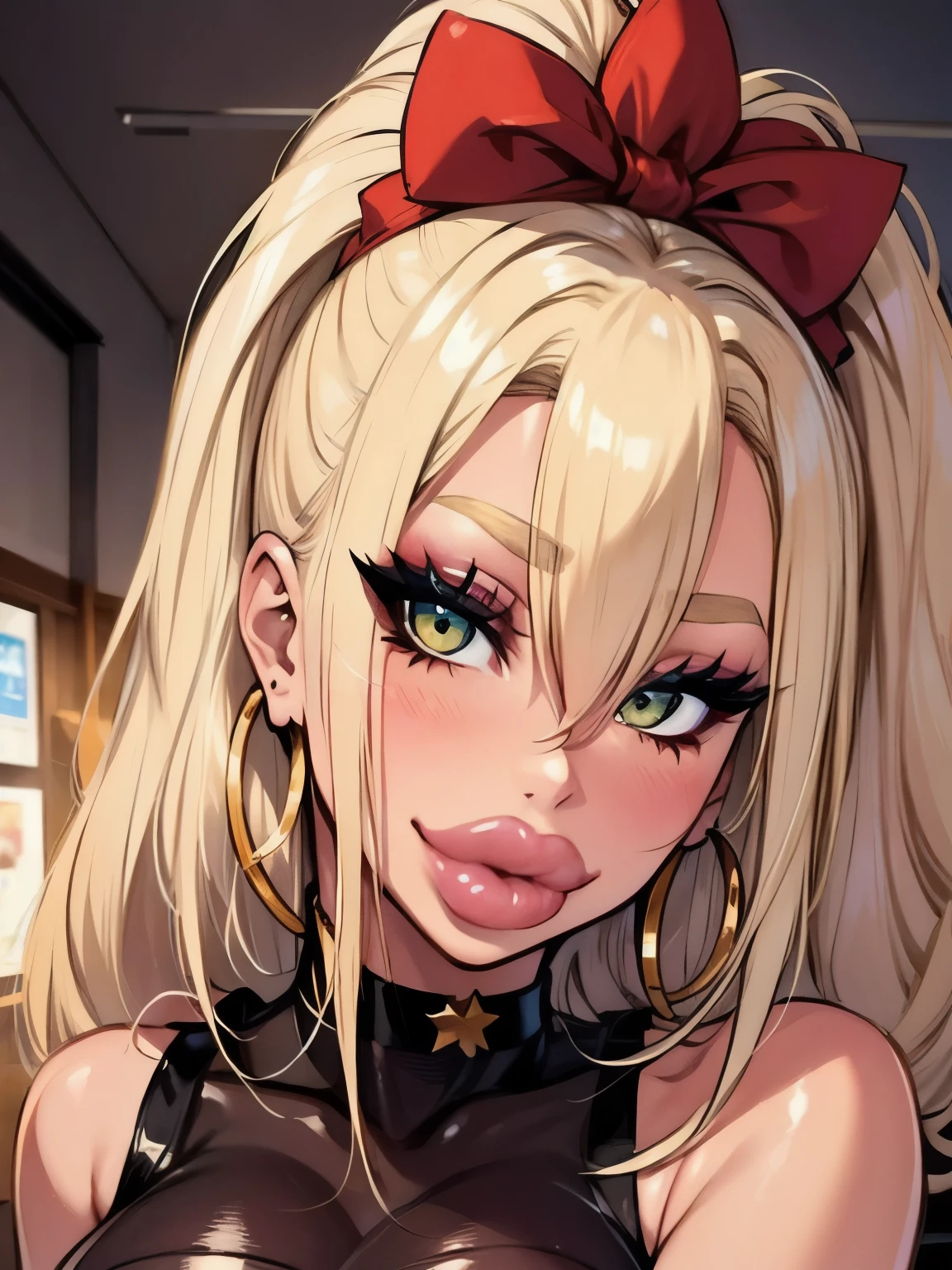 1girl, plain background, beautiful face, blonde hair, cute, bimbolips, huge lips dimples, cheekbones, selfie, bangs, high ponytail, blonde, blonde hair, eyeliner, eye shadow, indoors, one hand selfie, choker, hoop earrings, head tilt, blush, blushing, pale skin, glitter, red lipstick