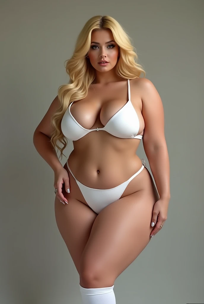Create a blonde woman with huge tits, huge ass and in micro bikini, She wears white knee-high stockings