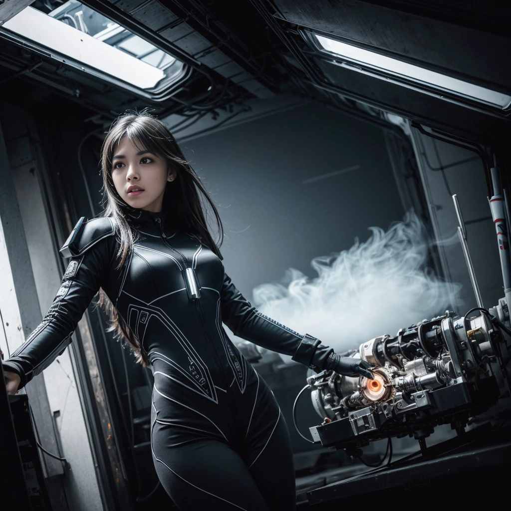 Candid photo of a female engineer repairing the engine of a huge spaceship, Wearing a tight futuristic space suit, masterpiece, (Beautiful and big eyes:1.1), Intricate details, Very complex iris, close, Neon Light, thick smoke, Cyberpunk atmosphere, Flash lighting, Shot with a Bolex H16, Expired Ektachrome film