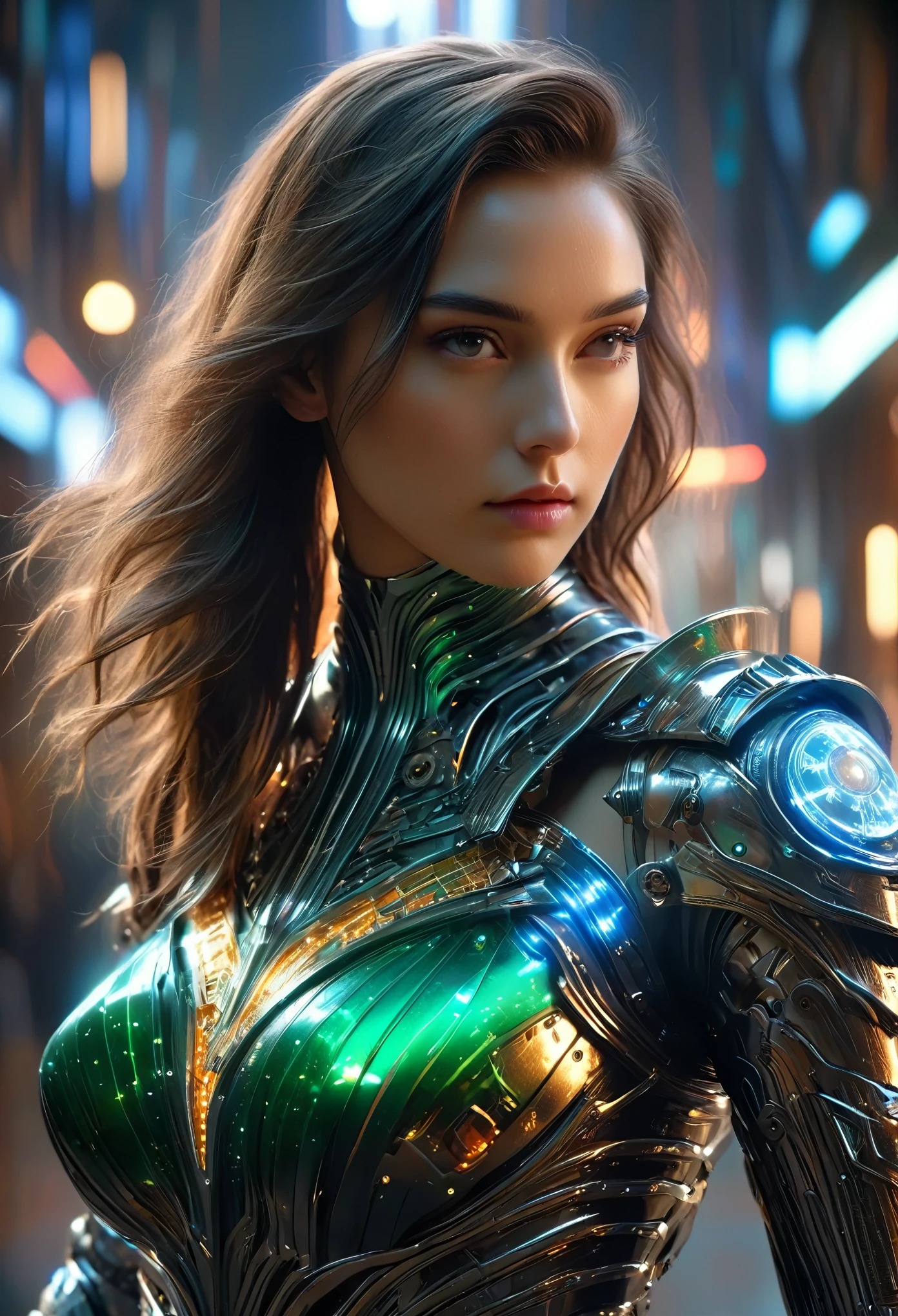 (Best Quality, 4K, 8K, High Resolution, Masterpiece: 1.2), (Super Detailed, Realistic, Photorealistic:1.37), A woman in futuristic clothing, (erotic and sexy:1.4), Trending on cgstation, Trending on cgstation, (Portrait of a girl in the Knights of the Zodiac:1.4), (blunt bangs:1.7), Cute Cyborg Girl, Perfect android girl, Portrait Astronaut Girl, Beautiful girl cyborg, Girl wearing iridescent and emerald mechanical cyber armor, Game CG, cgsociety and fenghua zhong, Beautiful Cyborg Shrine Maiden, Bioluminescence, (Gal Gadot:0.6), Anatomically correct grip,  Anatomically correct grip, (Sharp and long claws:1.4), erotic and sexy, black, wearing A gorgeous cape with beautifully detailed embroidery