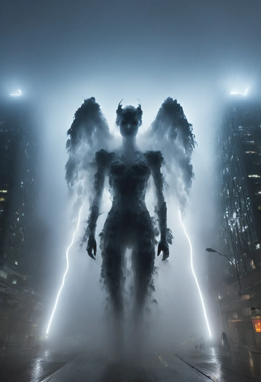 (full body shot) of an alien covered by fog, form-fitting silhouette, iridescent fabric, touch-responsive panels, adaptive color-changing, avant-garde asymmetry, integrated tech accessories, gravity-defying drapes, translucent mesh inserts, biomimetic textures, 3D-printed details, energy-efficient materials, microfiber sensors, minimalist cutouts, modular layering, neural interface compatibility, solar-charging capabilities, fog deepens with few lightingings on lens, puddles, drenched, shimmering, misty air, gray skies, reflective eyes, foggy day, photo location is a night scene from blade runner movie: moviestill, (bright dazzling neon lights:1.3), futuristic skyline, neon-lit alleys, fog-soaked pavement, towering skyscrapers, gritty urban sprawl, synthetic humans, bustling crowds, holographic billboards, flying vehicles, dimly lit shops, cyberpunk aesthetics, dystopian atmosphere, steamy vents, flickering lights, alien in shadows, moody reflections, artificial intelligence, techno-noir setting, dark mysteries, urban decay, rain-slicked streets, augmented reality, electronic hum, metropolitan dystopia, eerie silence, urban isolation, polluted skies, neon fog glow, tech-enhanced crime, melancholic undertones, enigmatic figures, uncertain future, digital billboards, glimmering advertisements, corporate dominance, haunting alleys, tech noir ambiance, abandoned corners, cybernetic implants, forbidden desire