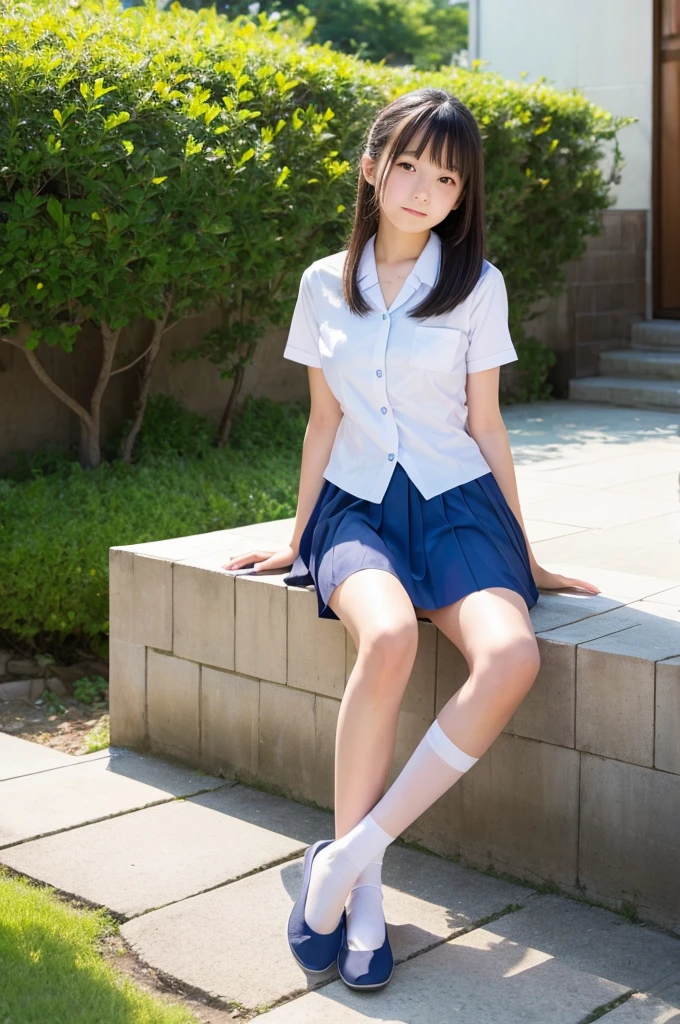 Beautiful face in every detail、Thin arms、Beautiful feet、Fair skin、One Japanese high school girl、Skin exposure modestly、Small Boobs、Wearing a summer uniform、Straight face、