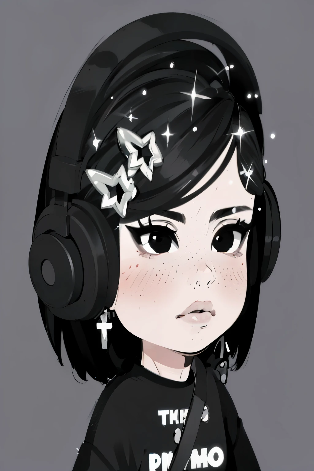 beautiful woman, short black hair in ponytail, gorgeous face wearing earrings and black headphones, tan skin, mesmerizing black eyes, long detailed eyelashes, closed big glossy lips, symmetrical eyebrows, blushing, wearing black shirt, clear background, (best quality,4k,8k,highres,masterpiece:1.2), ultra-detailed, (realistic,photorealistic,photo-realistic:1.37), intricate details, cinematic dramatic lighting, elegant serene mood, highly detailed portrait, chiaroscuro lighting, hyper-detailed, award winning, artstation