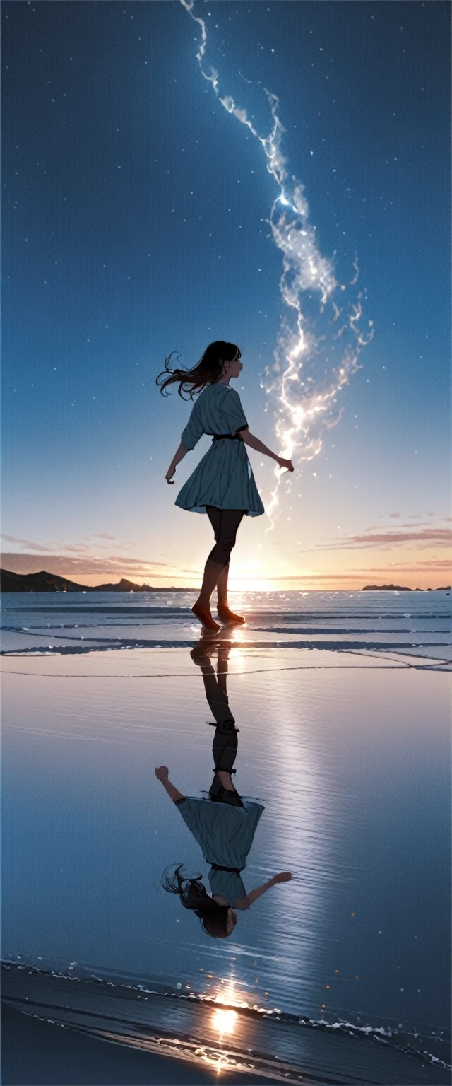 (close:1.4)、(RAW Photos:1.2)、(Realistic:1.4)、(masterpiece:1.3)、(Highest quality:1.4)、Japanese Girls、(Night view:1.2)、Light clothing、cute、Step into the sea、Standing on tiptoes、landscape、Between the horizon and the sea、Side view、Ripples spreading from the toes、Standing about 20 meters away、On the Sea、The whole scene is Shiny O's、illumination、