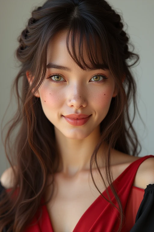 women
age 30
hot
long brown hair
short bang
plait in her hair
green eyes
long red black dress
smile
2 speckle under her eye
human