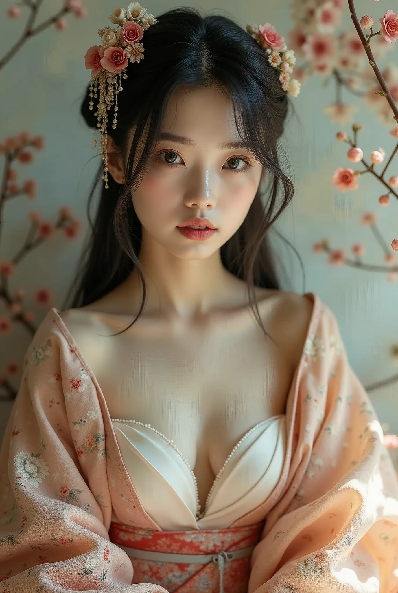 1 girl, REALISTIC PHOTO upper body, face focus, hair accessories, kimono, abstract, Japanese doll, sitting, flowers, showing white round breasts, shy