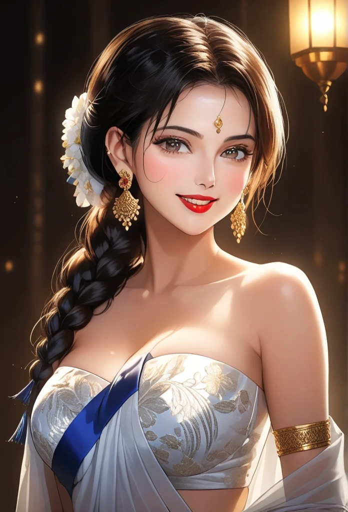 (1woman, mature, single hair braid, strapless silk white saree, big long jhumka earrings, detailed alluring eyes, smooth detailed lips, beautiful face, smiling, red lipstick, navel, bangles, blue ribbon, average breasts, cinematic lighting, dramatic lighting, vibrant colors, intricate details, photorealistic, 8k, hyper realistic, masterpiece, digital art, concept art)