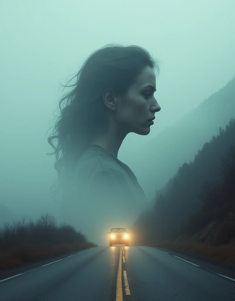 In the mountains in thick fog, a road, a median line, an old car, the weak light of headlights, double exposure of a sad woman profile,