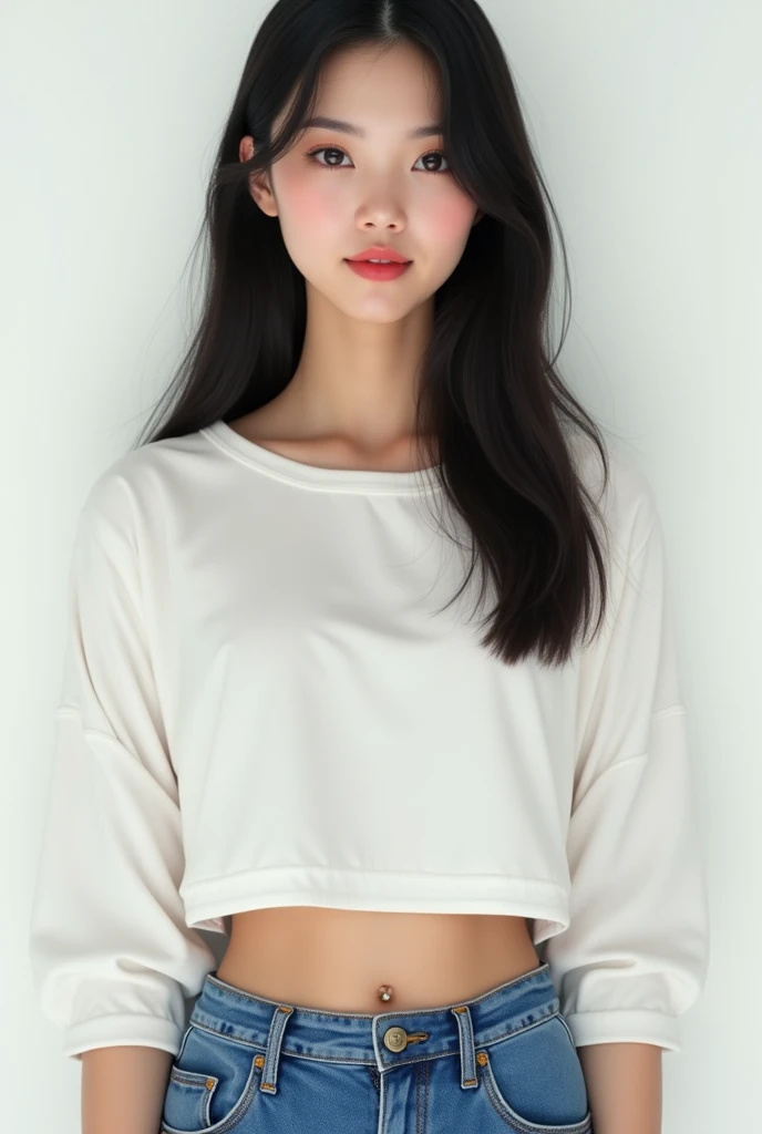 Brunette with black straight hairs wearing a withe crop top with medium long sleeves and blue narrow jeans