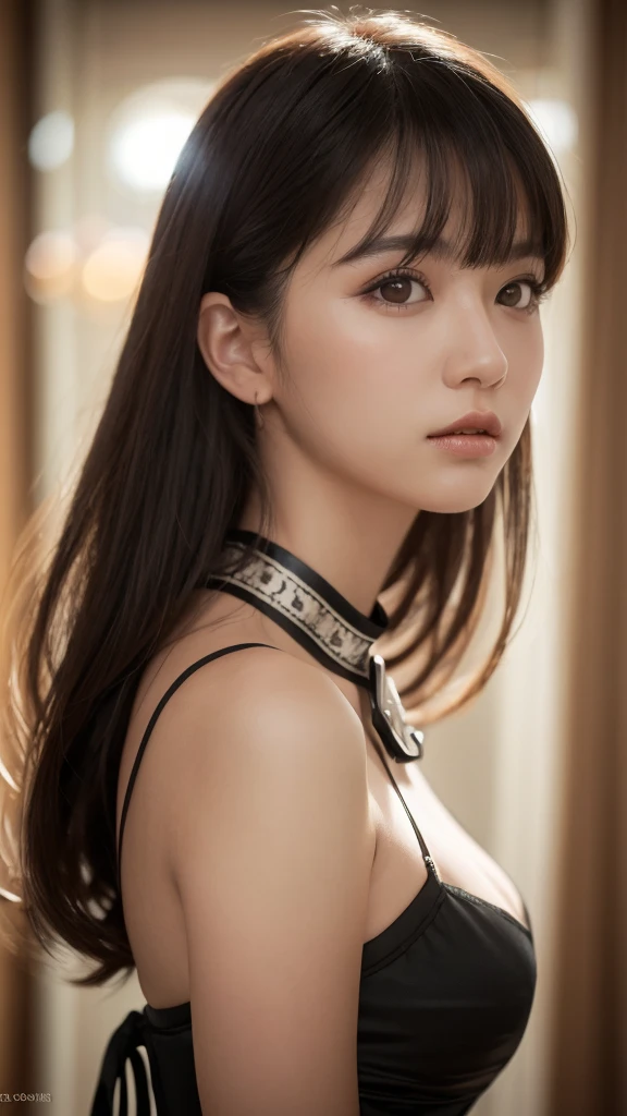 Beautiful woman wearing a dog collar In a cage The collar is chained