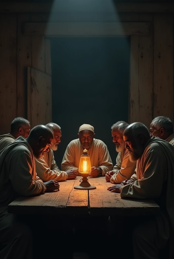 A group of stern-faced Nigeria igbo council of elders, dressed in Nigerian traditional African wear, weathered clothing, gather around a large, rough-hewn wooden table. The room is dimly lit by a single oil lamp, casting deep shadows on their concerned faces. They lean in, whispering urgently to one another, their eyes occasionally glancing towards the door as if expecting something ominous. The mood is tense and foreboding, with the weight of unspoken fears hanging in the air.