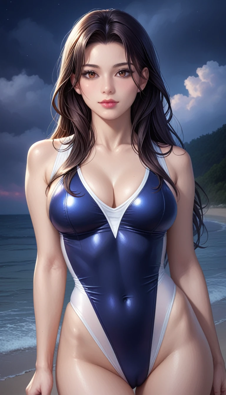 score_9, score_8_superior, score_7_superior, High-resolution CG illustration,A masterpiece in 32K resolution,Highest quality,it is really amazing,Very detailed,Ultra-high resolution,Ultra-realistic,Realistic,Increased depth of field,Cinematic lighting,
Sexy mature Japan woman,
Straight long hair with black hair,Ultra-detailed and beautiful face,Calm and gentle look,Beautiful brown eyes,Translucent white skin,Realistic skin texture,Great proportions,
Sexy high leg swimsuit,
Artistic design,Chic color scheme,Detailed fabric texture,
Dark overcast sky on a dull night,Dark clouds filling the sky,Thundercloud,Coastline at night,Stormy seas,delay々A desolate sandy beach that continues,
Cleavage up,Cinematic Angle,