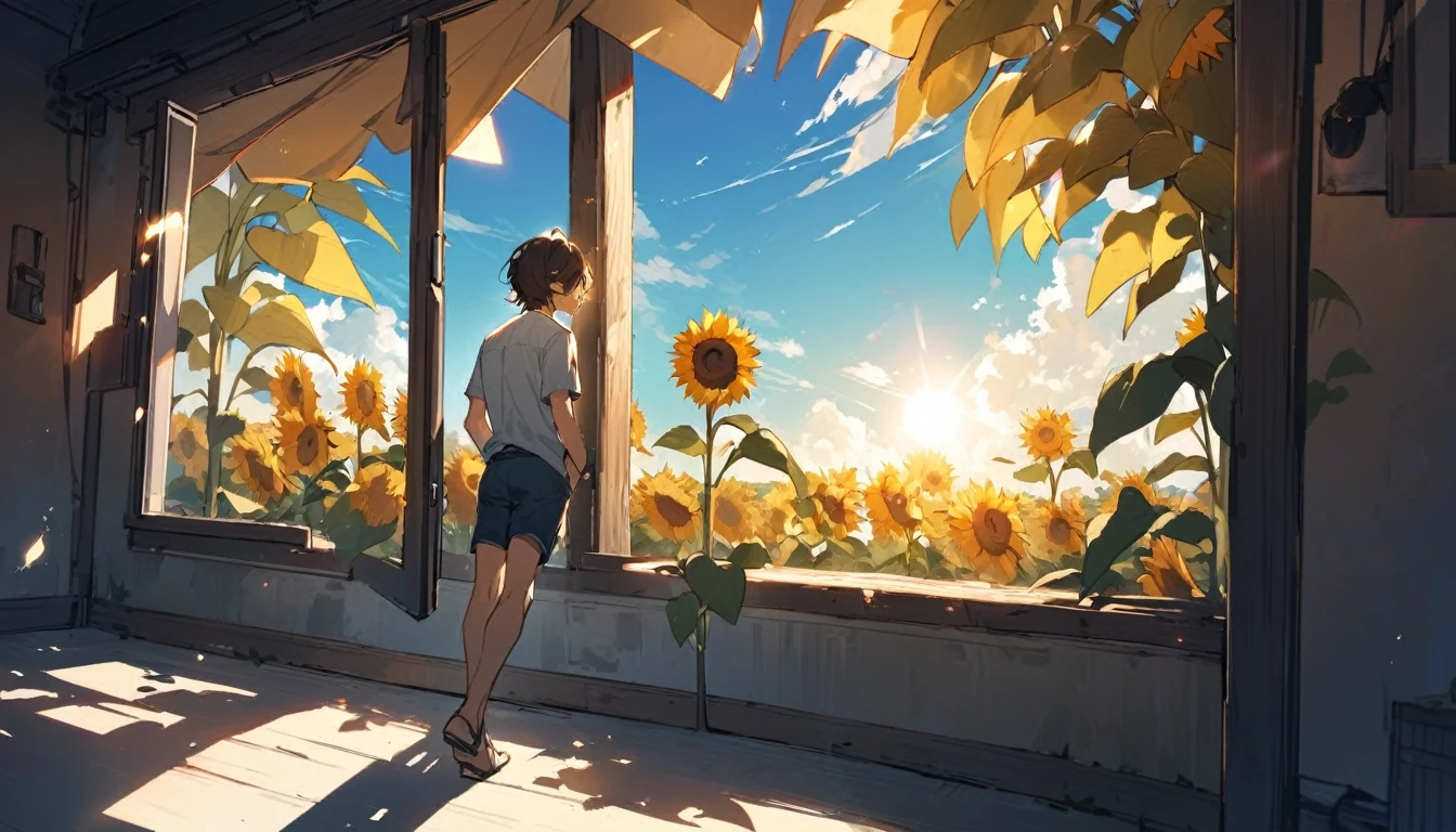 good looking, alone, 1 male, , Dark brown hair,summer,A vast blue sky,sun,Looking outside from the window,sunflower