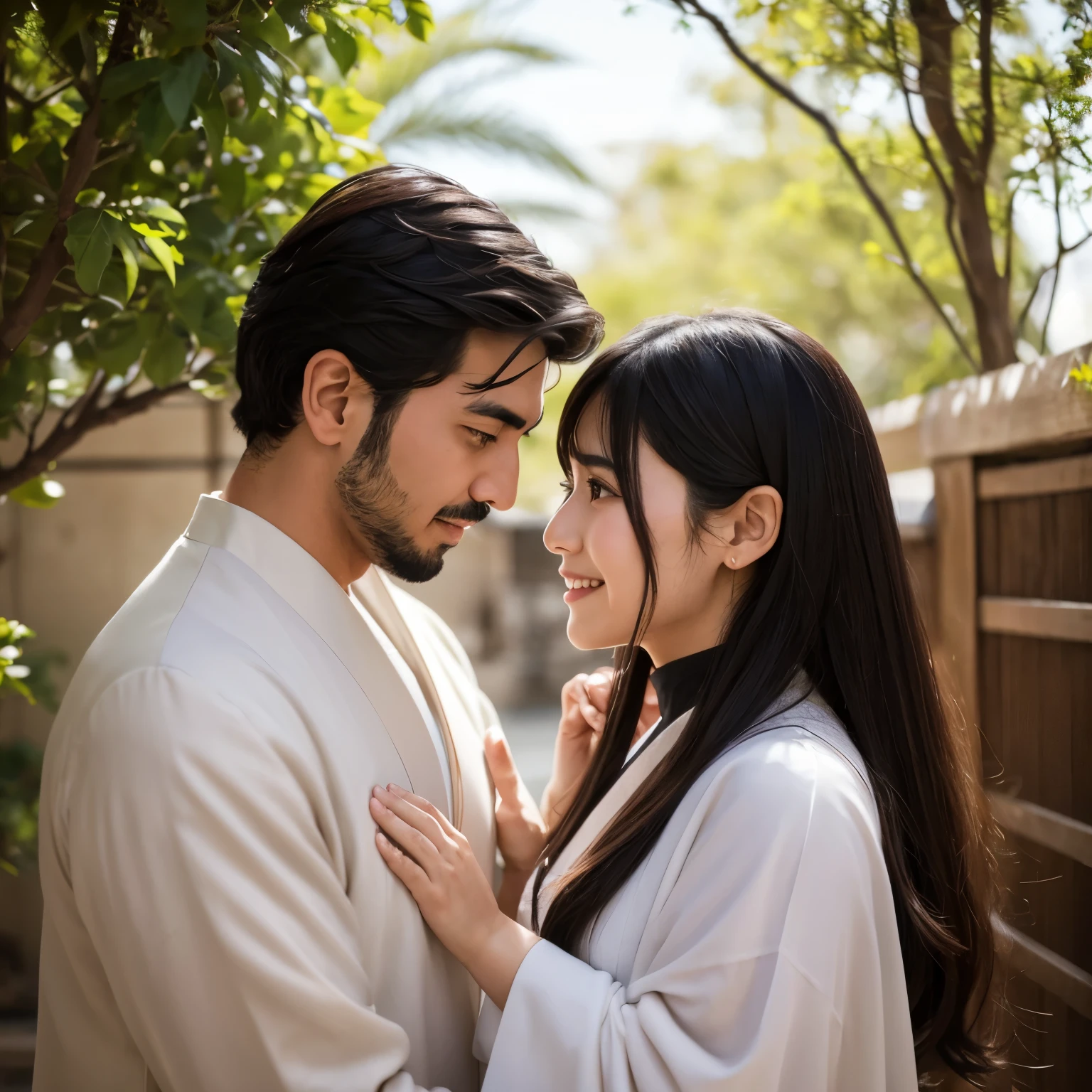 A handsome Middle Eastern man and a pretty Japanese woman are embracing each other and looking at each other
