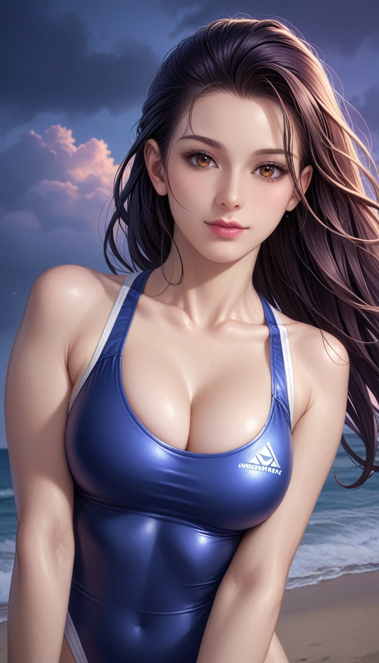 score_9, score_8_superior, score_7_superior, High-resolution CG illustration,A masterpiece in 32K resolution,Highest quality,it is really amazing,Very detailed,Ultra-high resolution,Ultra-realistic,Realistic,Increased depth of field,Cinematic lighting,
???? mature Japan woman,
Straight long hair with black hair,Ultra-detailed and beautiful face,Calm and gentle look,Beautiful brown eyes,Translucent white skin,Realistic skin texture,Great proportions,
???? high leg swimsuit,
Artistic design,Chic color scheme,Detailed fabric texture,
Dark overcast sky on a dull night,Dark clouds filling the sky,Thundercloud,Coastline at night,Stormy seas,delay々A desolate sandy beach that continues,
Cleavage up,Cinematic Angle,