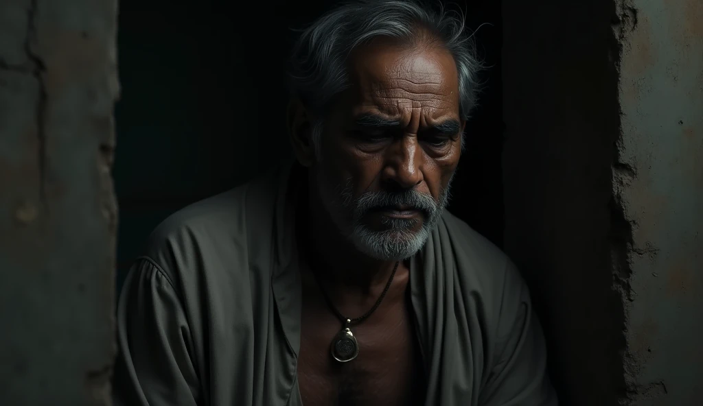An image of a sad Indian man in darkness.
