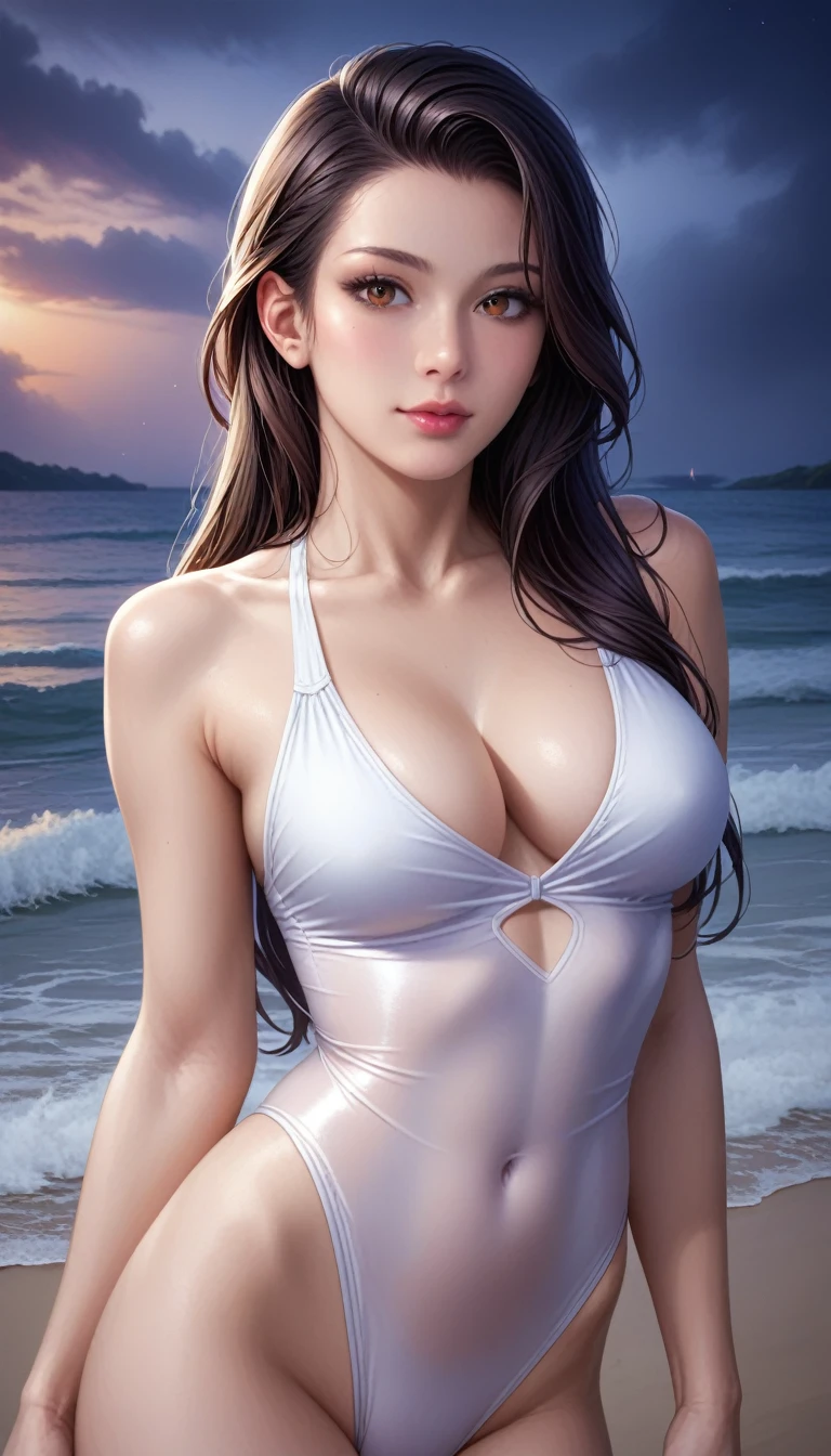 score_9, score_8_superior, score_7_superior, High-resolution CG illustration,A masterpiece in 32K resolution,Highest quality,it is really amazing,Very detailed,Ultra-high resolution,Ultra-realistic,Realistic,Increased depth of field,Cinematic lighting,
Sexy mature Japan woman,
Straight long hair with black hair,Ultra-detailed and beautiful face,Calm and gentle look,Beautiful brown eyes,Translucent white skin,Realistic skin texture,Great proportions,
Sexy high leg swimsuit,
Artistic design,Chic color scheme,Detailed fabric texture,
Dark overcast sky on a dull night,Dark clouds filling the sky,Thundercloud,Coastline at night,Stormy seas,delay々A desolate sandy beach that continues,
Cleavage up,Cinematic Angle,