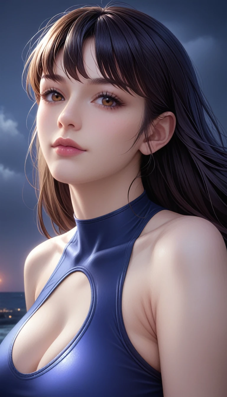 score_9, score_8_superior, score_7_superior, High-resolution CG illustration,A masterpiece in 32K resolution,Highest quality,it is really amazing,Very detailed,Ultra-high resolution,Ultra-realistic,Realistic,Increased depth of field,Cinematic lighting,
Sexy mature Japan woman,
Straight long hair with black hair,Ultra-detailed and beautiful face,Calm and gentle look,Beautiful brown eyes,Translucent white skin,Realistic skin texture,Great proportions,
Sexy high leg swimsuit,
Artistic design,Chic color scheme,Detailed fabric texture,
Dark overcast sky on a dull night,Dark clouds filling the sky,Thundercloud,Coastline at night,Stormy seas,delay々A desolate sandy beach that continues,
Cleavage up,Cinematic Angle,