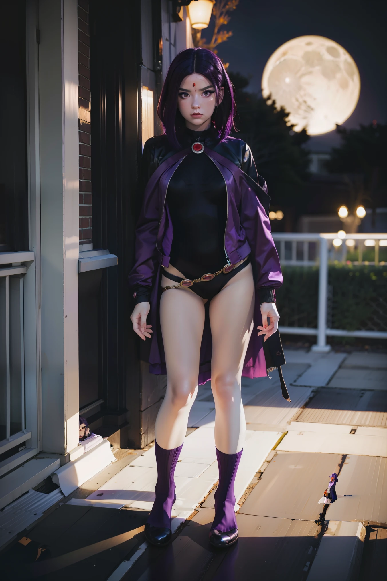 Crow  ,1 girl , cosplay , Masterpiece  , purple hair, Open jacket, open clothes ,Medium bust ,  Crowงเกงใน  , long socks,  angry ,sexy   . Moon background . stand 