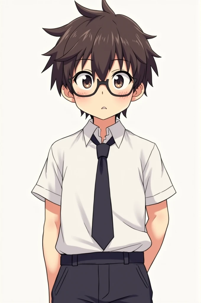 Generate a,2d anime boy
Hair: Short, dark brown hair, slightly messy and falling over his forehead.Eyes: Wears glasses, giving him a studious, nerdy look.Facial expression: Often has a flustered or nervous expression.Build: Slender and average, with no particularly athletic features.Clothing: Typically wears a school uniform: a white shirt, dark trousers, and a tie.