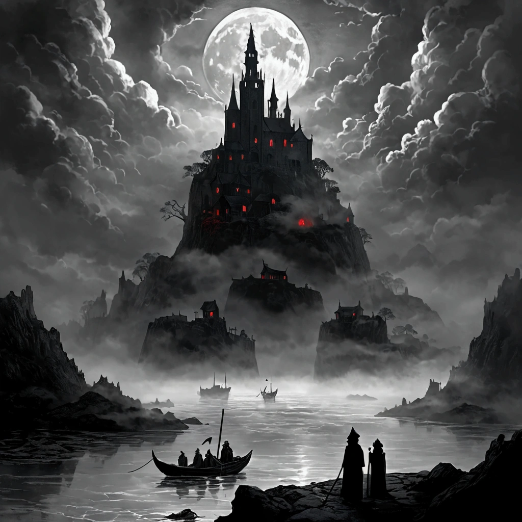 ((Shrouded in thick fog island)), atmospheric mysterious landscape, fantastic moody weather, dramatic lighting, cinematic composition, ethereal vibe, moon, deep blues and grays, fantasy art, concept art, Black and White, poor visibility, (Inspiration comes from:James Ensor),Red light