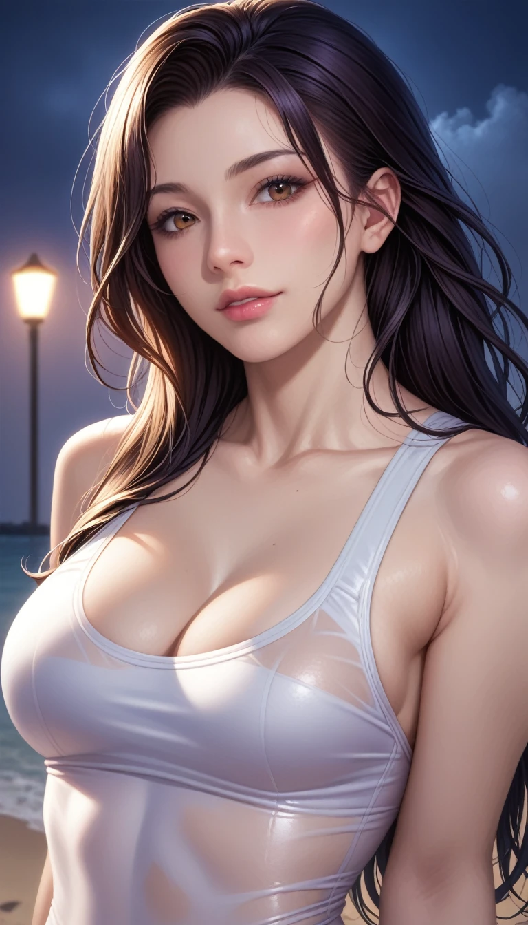 score_9, score_8_superior, score_7_superior, High-resolution CG illustration,A masterpiece in 32K resolution,Highest quality,it is really amazing,Very detailed,Ultra-high resolution,Ultra-realistic,Realistic,Increased depth of field,Cinematic lighting,
Sexy mature Japan woman,
Straight long hair with black hair,Ultra-detailed and beautiful face,Calm and gentle look,Beautiful brown eyes,Translucent white skin,Realistic skin texture,Great proportions,
Sexy high leg swimsuit,
Artistic design,Chic color scheme,Detailed fabric texture,
Dark overcast sky on a dull night,Dark clouds filling the sky,Thundercloud,Coastline at night,Stormy seas,delay々A desolate sandy beach that continues,
Cleavage up,Cinematic Angle,