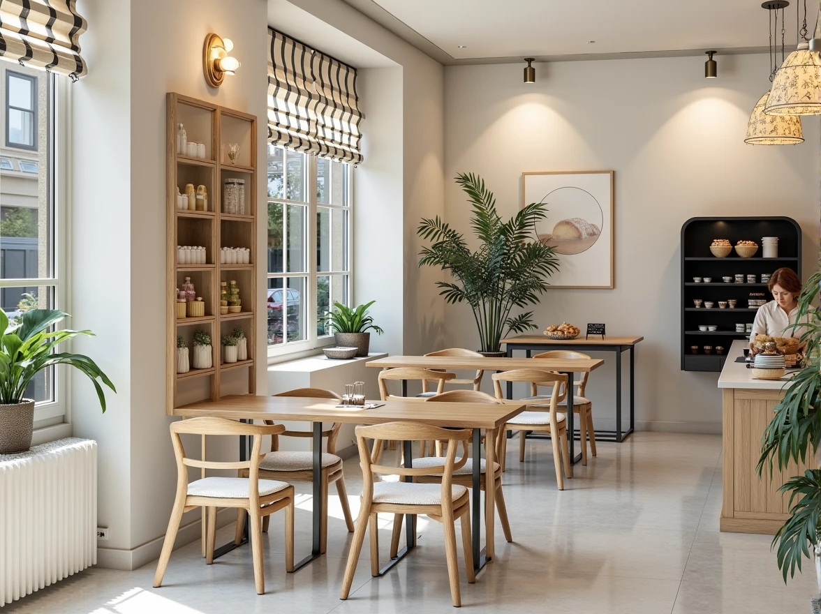 A bakery, where the furniture is brown and white and decorative plants