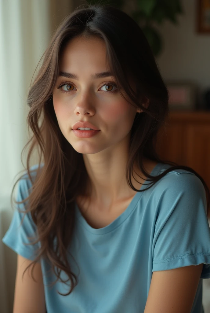 A beutiful girl blue t shirt at home.