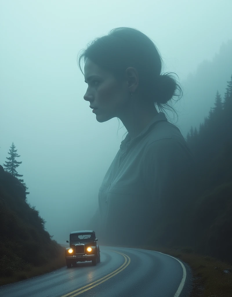 In the mountains in thick fog, a road, a median line, an old car, the weak light of headlights, double exposure of a sad woman profile, mysterious Fog