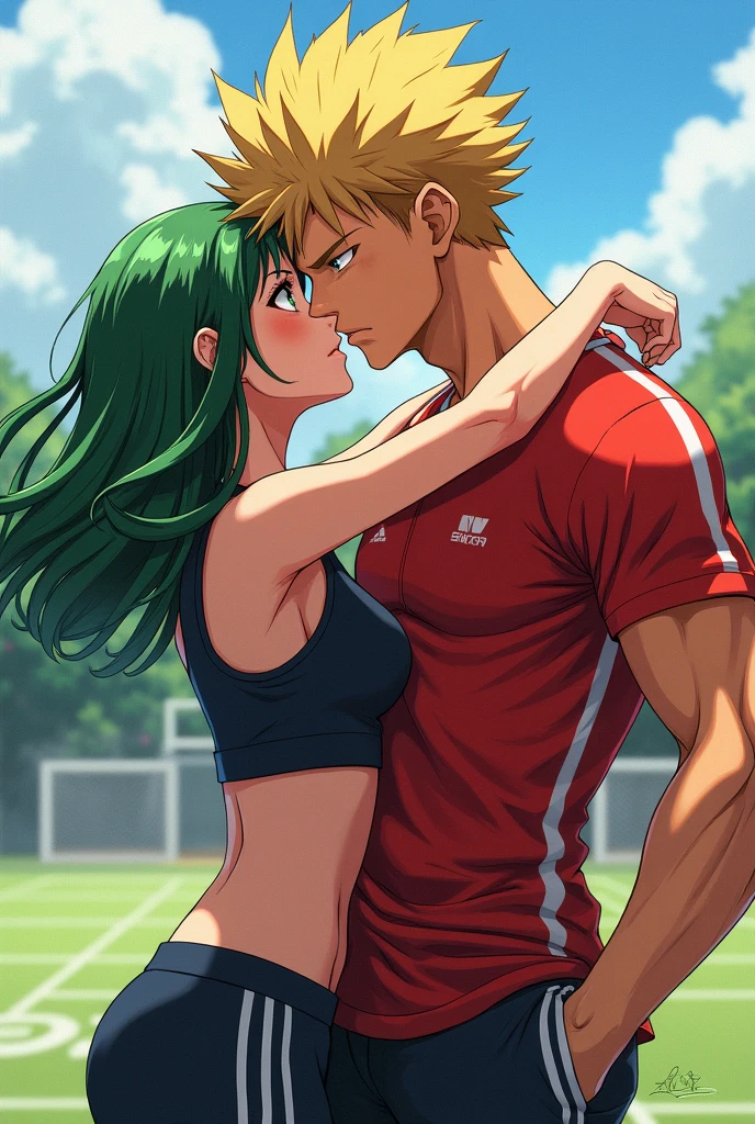 Izuku Midoriya as a girl kissing Katsuki Bakugo as a boy, in sportswear , du style manga