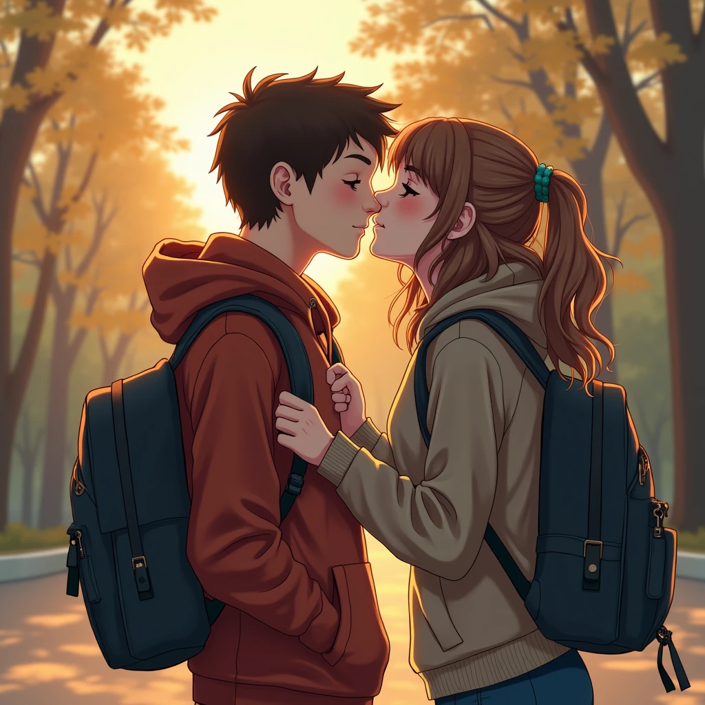 A high school girl meets her crush after school and kisses him.