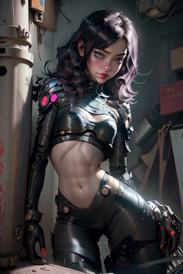 （Woman with muscular thighs）, body parts, Beautiful and delicate eyes, Beautiful and delicate lips, Extremely detailed face, Long eyelashes, Surrealism, Octane Rendering, Movie Lighting, Dramatic Colors, Chiaroscuro, Cyberpunk, Neon lights, Industrial, 8K, high resolution, masterpiece，whole body，Cyberpunk，front，whole body，panoramic