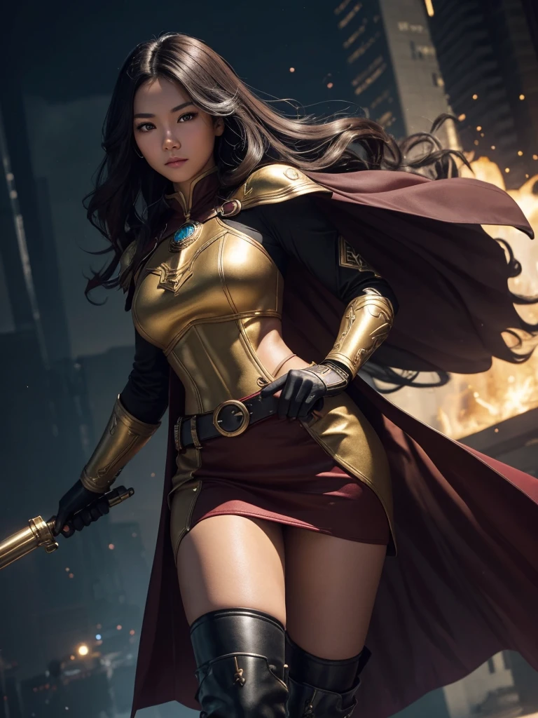  a highly realistic, highly detailed, sharp and clear portrait in professional camera shot quality, Thai-Canadian female. 20 years old, round and clean face with highly detailed facial and skin texture, wavy brownish-black hair. blue eyes. wearing the standard Guard uniform of a long-sleeved white coat with an ankle-length red cape attached to the left side of her body and a long black skirt with a gold pattern on the bottom hem with a detachable burgundy leather pocket on her left leg. black fingerless gloves with black sleeve covers on her left arm and brown boots with metal soles. The green metallic pauldron on her left shoulder has yellow stripes that glow in the dark. She is standing tall on a tall building aiming a toy iron pistol at her viewers, in a black case hanging from her belt and wearing a silver front breastplate engraved with the words "CJ" (clearly legible in flawless letters) and lightning bolts.