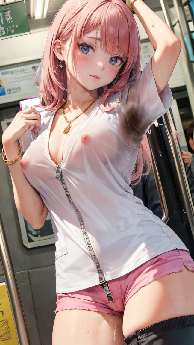 ((NSFW))、(masterpiece, Highest quality:1.3), (Super detailed:1.2), (hyperRealistic:1.3), (RAW Photos:1.2), High-definition RAW color photos, Professional photos, (PhotoRealistic:1.4), (Realistic:1.4), (Pink Hair:1.5), Professional Lighting, Perfect Anatomy, (Big Breasts:1.2), (blush, Detailed face),Earrings, necklace, Gold bracelet, (Slim body、Are thin、Model body type、Beautiful long legs), (White tight t-shirt、Open chest、Shorts、Zipper fully open、Low rise、金のEarrings、:1.3)、To the tips of the feet、(((Sweat)))、((Sweatで濡れた肌、My hair is wet))、Double teeth、(smile)、(((Body odor)))、(((Bad body odor)))、((pubic hair、I can see the vagina))、(((Yamanote Line、crowded train)))、(((Love juice drips)))、Hold on to the strap、((Angle from below))、(((Masturbation)))