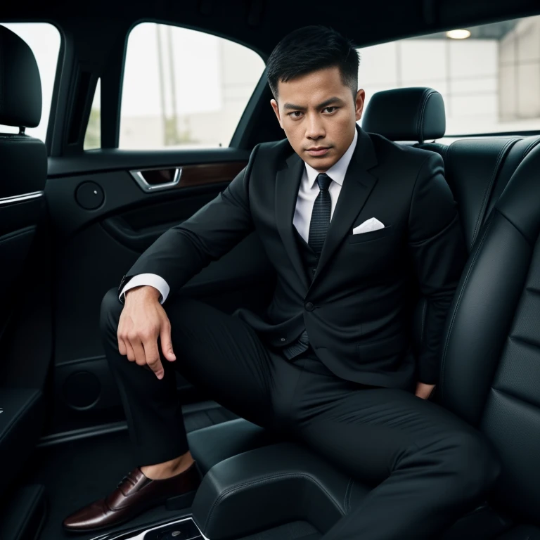 30 years old,One Man,Black Suit、With a handgun on his hip、guard、Inside the car、Squat with your legs apart、,,logic,Gay ,Very short hair、 ,Asian Faces,、The crotch area of my trousers is swollen Handsome