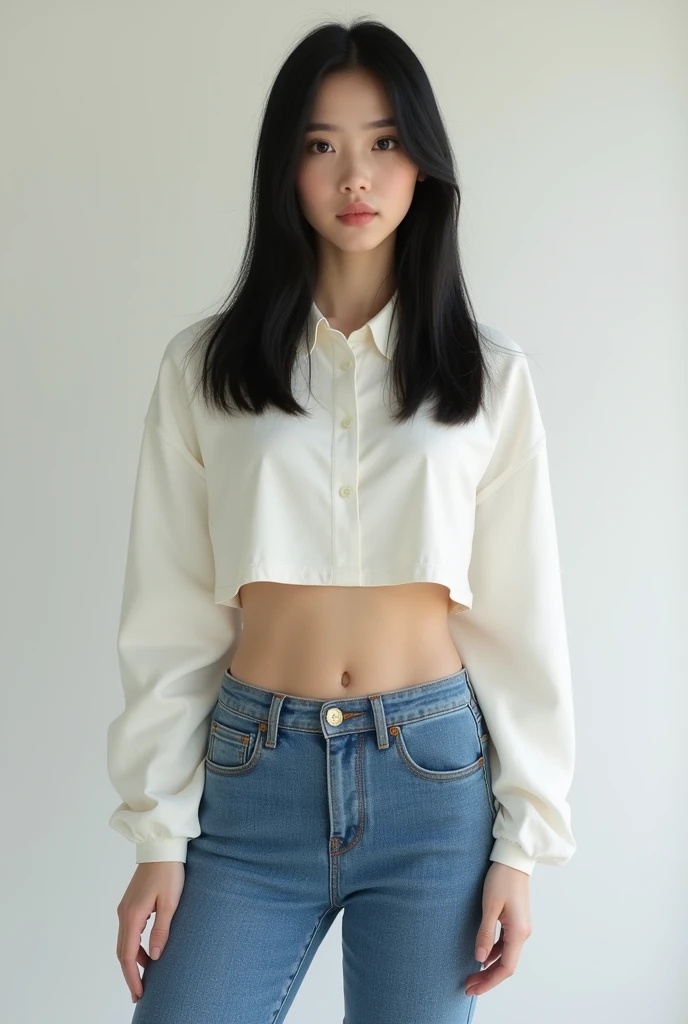 Brunette with black straight hairs wearing a white crop top with medium long sleeves and blue narrow jeans